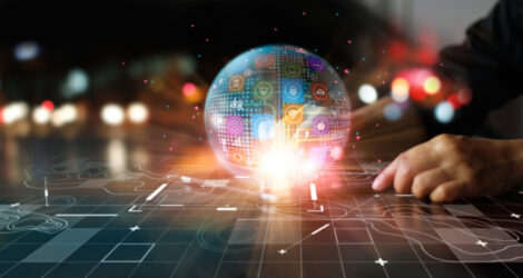 Digital marketing, banking, payment and online shopping, Businessman touching global business networking on colorful background.