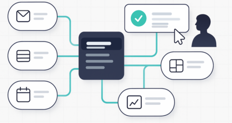 Илюстрация на AI агентен workflow с централен оперативен хъб, свързани бизнес инструменти и човешко одобрение.