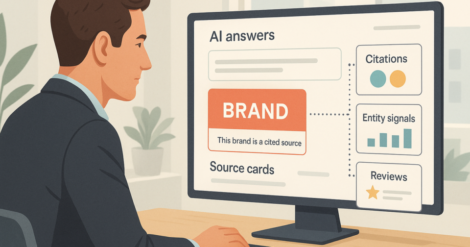 Маркетинг стратег преглежда AI search dashboard със source cards, citations, reviews и brand authority сигнали.